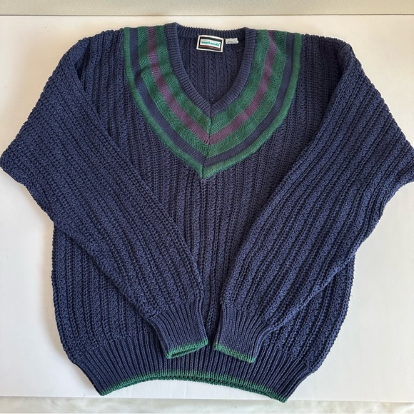 Weekends Other - Vintage Weekends Navy Sweater XL V-Neck‎ Striped Trim Ramie Cotton Preppy Retro